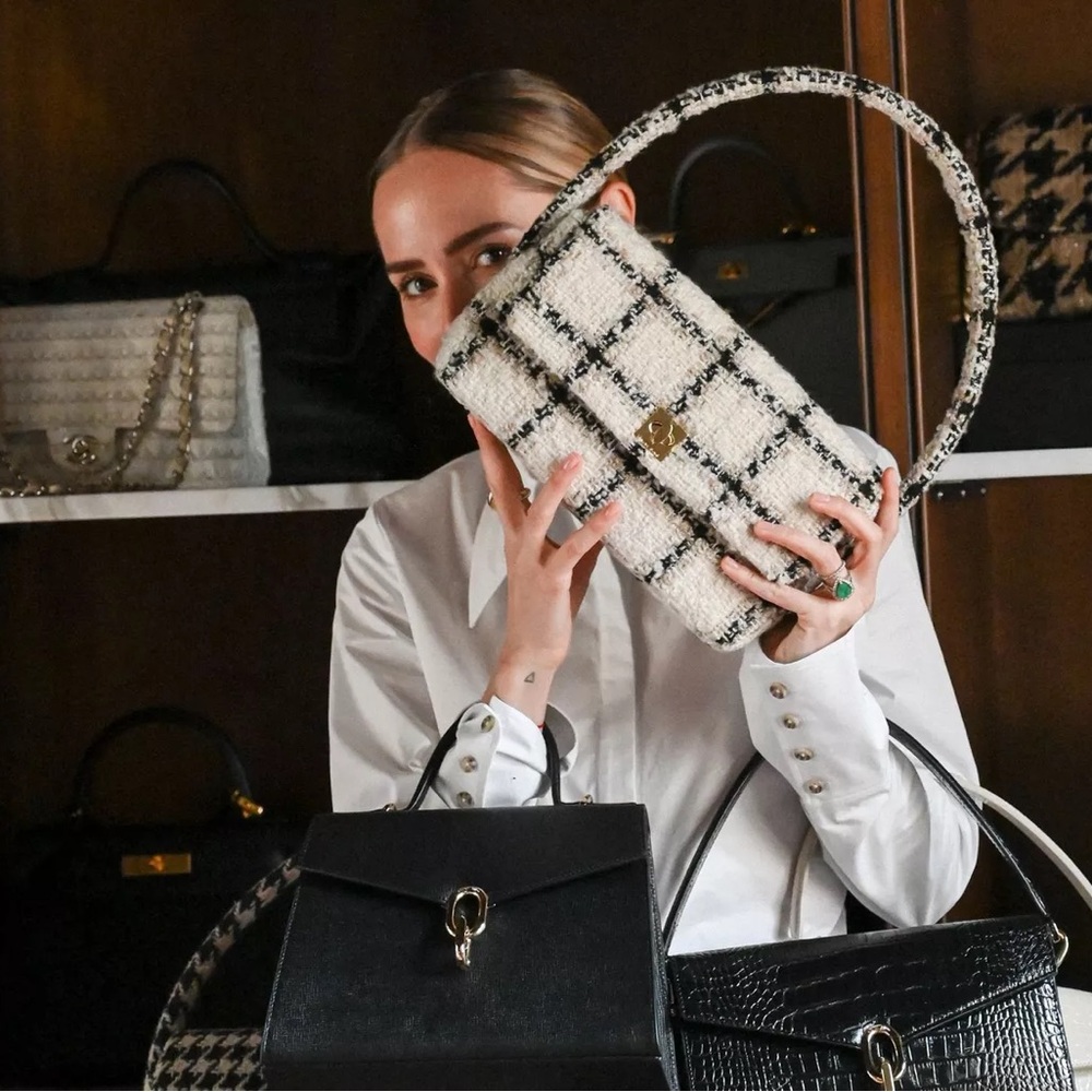 ANINE BING Black & White Textured Wool Tweed Plaid Flap Nico Shoulder Bag - Picture 11 of 17